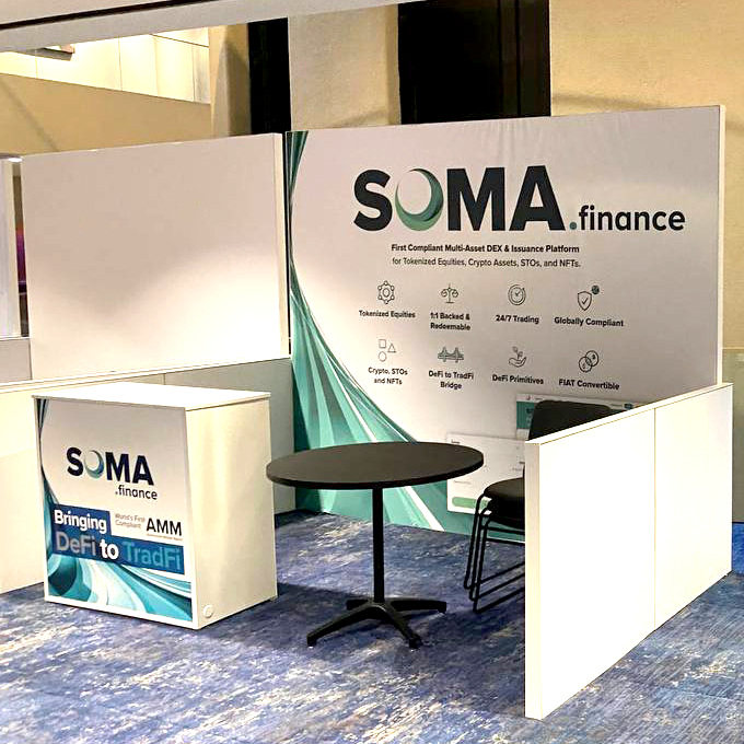 SOMA_finance's tweet photo. #SOMA’s booth is fully prepped for @MessariCrypto #Mainnet2021 and we’re excited to see you all when the event gets started. Stop by and learn about the world's first hybrid decentralized marketplace! https://t.co/kTjUx1ECPx