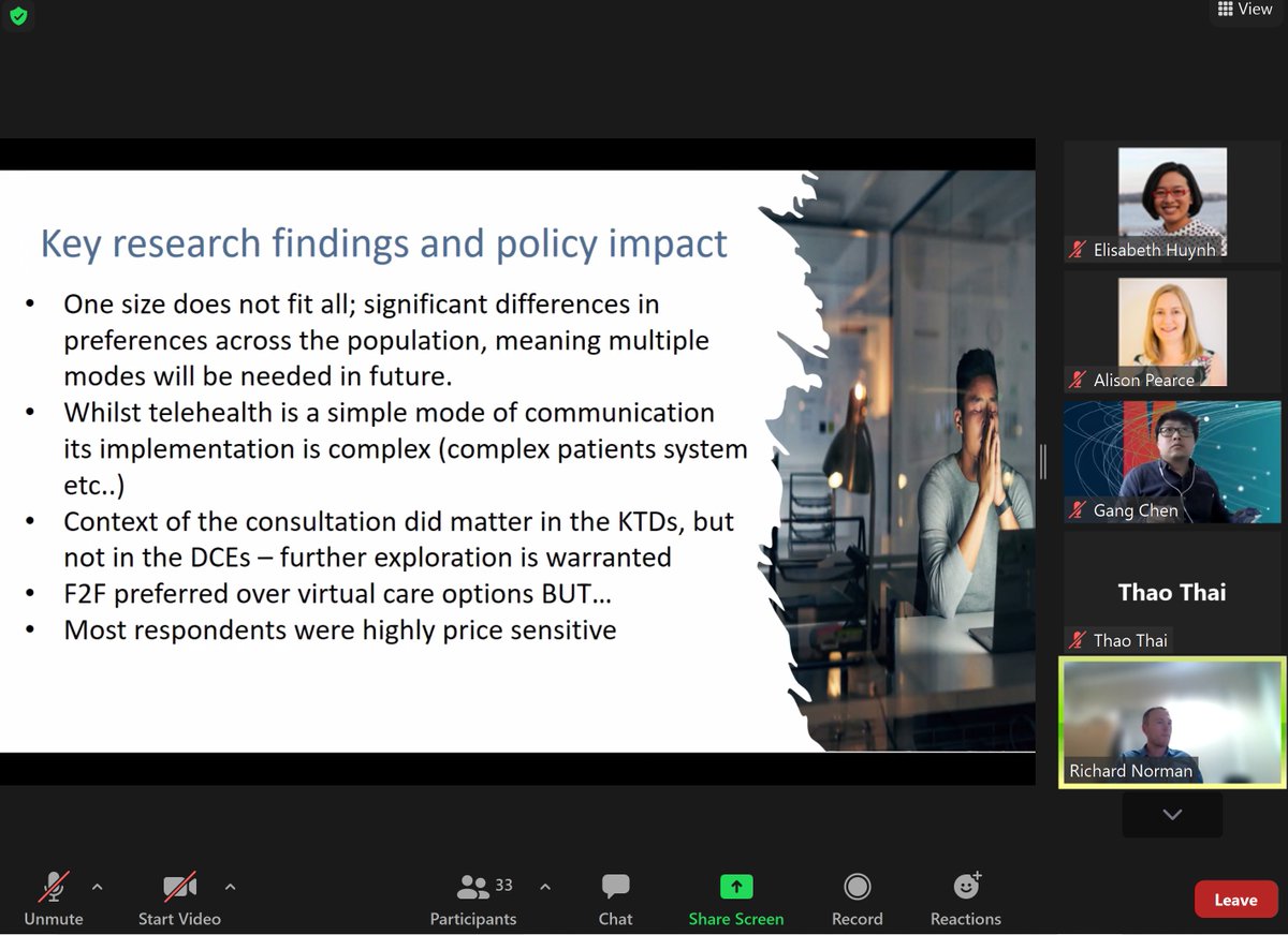 Dr Alison Pearce (@aliepea) on Twitter photo Great presentation by <a href="/rich_norman/">Richard Norman</a> about #PatientPreferences for primary care via #telehealth at #AHES2021. Suggests policy should focus on supporting telehealth that is with a familiar GP, ⬇️cost and ⬇️waiting time to maximise uptake. #DCE #DCEchat #HealthEconomics Great presentation by <a href="/rich_norman/">Richard Norman</a> about #PatientPreferences for primary care via #telehealth at #AHES2021. Suggests policy should focus on supporting telehealth that is with a familiar GP, ⬇️cost and ⬇️waiting time to maximise uptake. #DCE #DCEchat #HealthEconomics