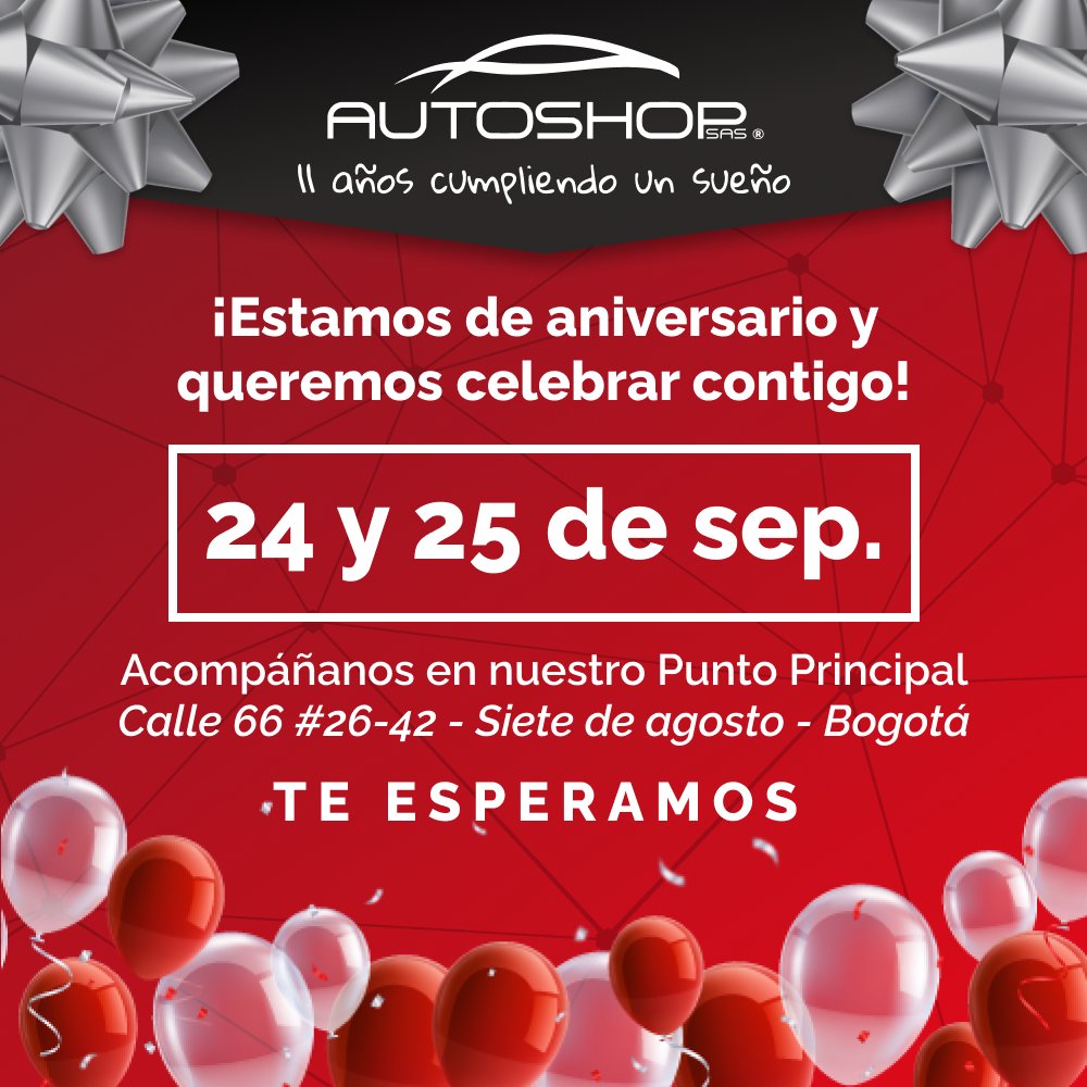 autoshopsas's tweet photo. ¡Estamos de aniversario y eres nuestro invitado de honor! 👨🏻‍🔧🎊

📢 El 24 y 25 de septiembre celebraremos 11 años en el Sector Automotriz y tendremos:
✅ Exhibición de equipos
✅ Promociones
✅ Diagnóstico gratis
✅ Y mucho más... https://t.co/z9bwuApEWK