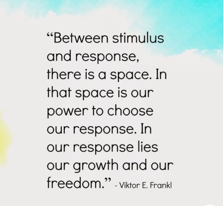 MrsSelvaggio's tweet photo. Rediscovered this quote in my SEL course at @LehighU and it hit me at exactly the right time. This is such a key idea that students AND staff should consistently practice: space between an action and your reaction. 
#BuildingBethlehem @BethlehemAreaSD @BASDFtHill https://t.co/QPrX53CiSz