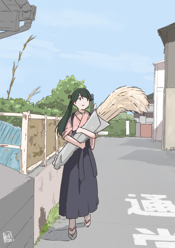 houshou (kancolle) 1girl japanese clothes solo ponytail long hair skirt outdoors  illustration images