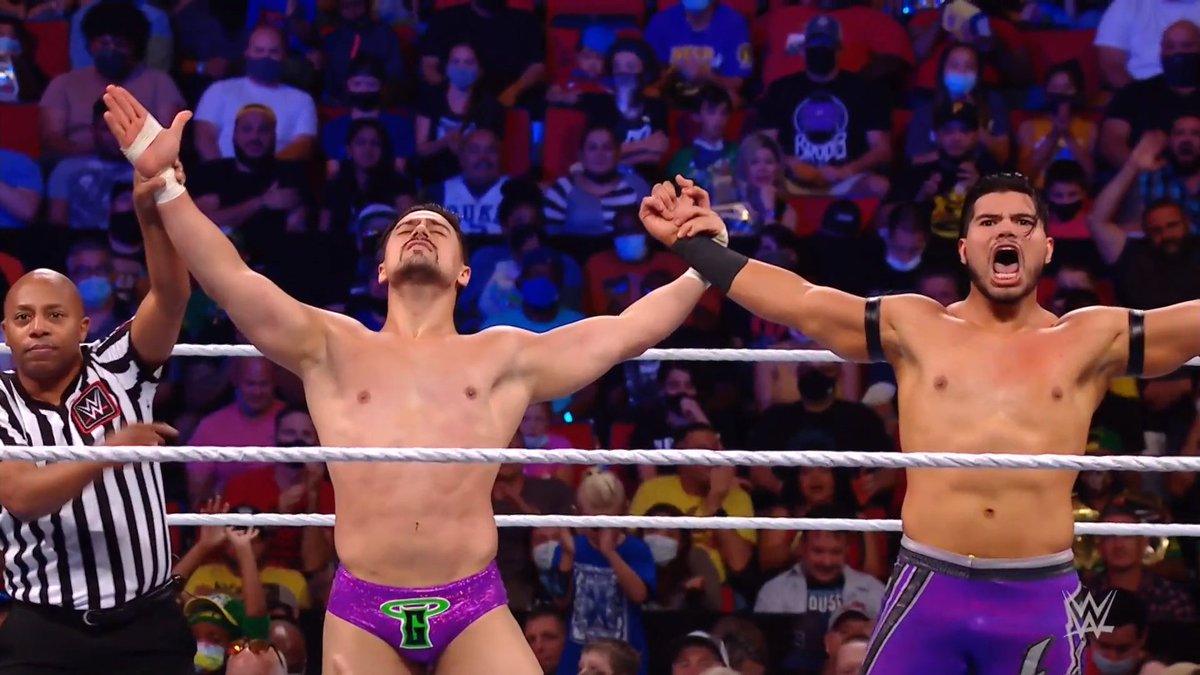 WWE's tweet photo. WHAT A WIN!

@AngelGarzaWwe &amp; @humberto_wwe get a statement win over the tag team of @AliWWE &amp; @KSAMANNY on #WWERaw. https://t.co/KHP1p2wdqY