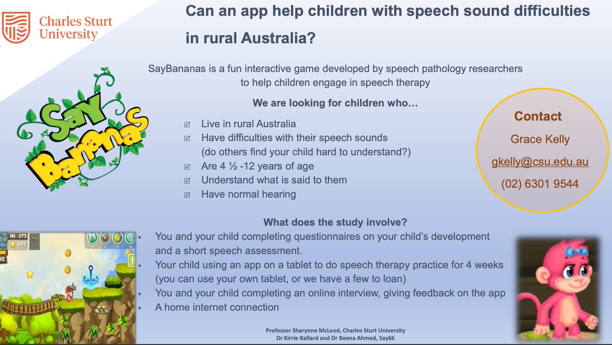 🙏RT: 10 children sought for ethics approved research with <a href="/SharynneMcLeod/">Sharynne McLeod</a> &amp; @BallardKirrie They must
Be 4;6 to 12 
Have mild-to-severe speech sound difficulty
Live in RURAL Australia
Have OK hearing &amp; vision
Be able to play a tablet computer game with 2-hands
📧gkelly@csu.edu.au