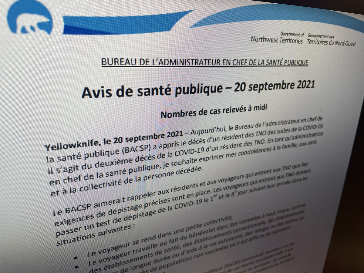 Un 2e résident est décédé des suites de la COVID-19 aux T.N.-O. Aujourd’hui, le territoire compte 231 cas actifs dont 132 dans la région de Yellowknife et 47 à Behchoko. #icign