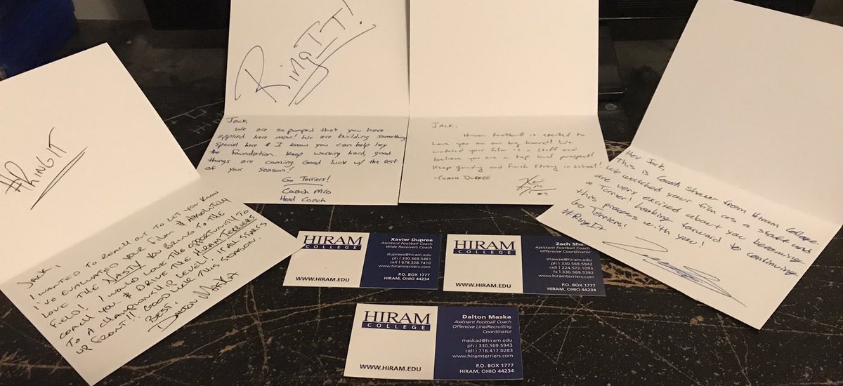 βπ π΅πππ π²πππππππ πβ (@jackgrinnell_50) on Twitter photo I am honored to receive these handwritten letters from <a href="/Hiram_Football/">Hiram College Football</a> <a href="/Coach_Mro/">Coach Mro</a> and the rest of the Staff at Hiram College.
Go Terrier π΅βͺοΈ #Ringit <a href="/thefootballcar1/">thefootballcartel</a> <a href="/grantwinter123/">Grant Winter</a> <a href="/korie_demascola/">Korie DeMascola</a> I am honored to receive these handwritten letters from <a href="/Hiram_Football/">Hiram College Football</a> <a href="/Coach_Mro/">Coach Mro</a> and the rest of the Staff at Hiram College.
Go Terrier π΅βͺοΈ #Ringit <a href="/thefootballcar1/">thefootballcartel</a> <a href="/grantwinter123/">Grant Winter</a> <a href="/korie_demascola/">Korie DeMascola</a>