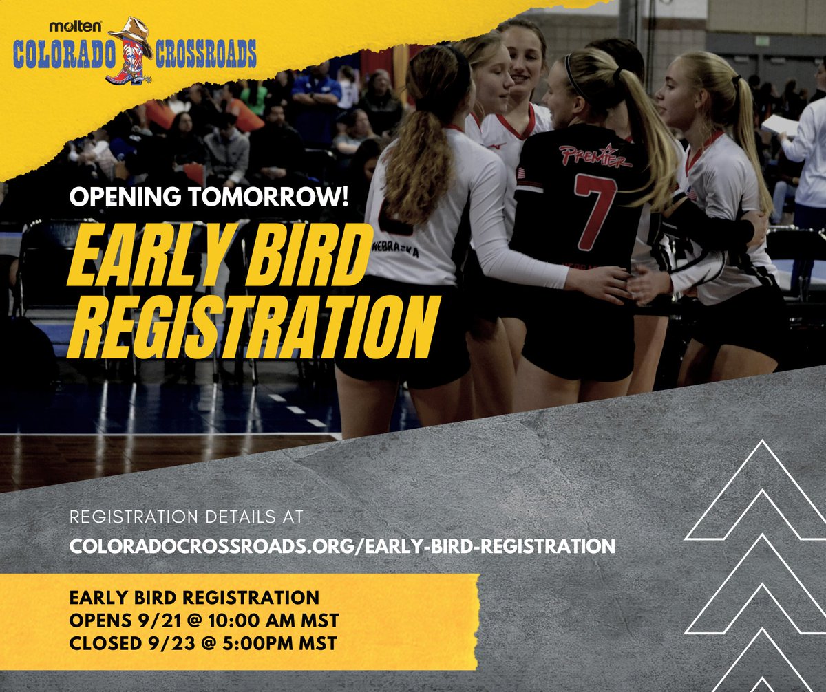 Set your alarms!  Early Bird Registration opens tomorrow at 10:00 am MST.  Be sure to review all the registration details at coloradocrossroads.org/early-bird-reg….   #XR2022