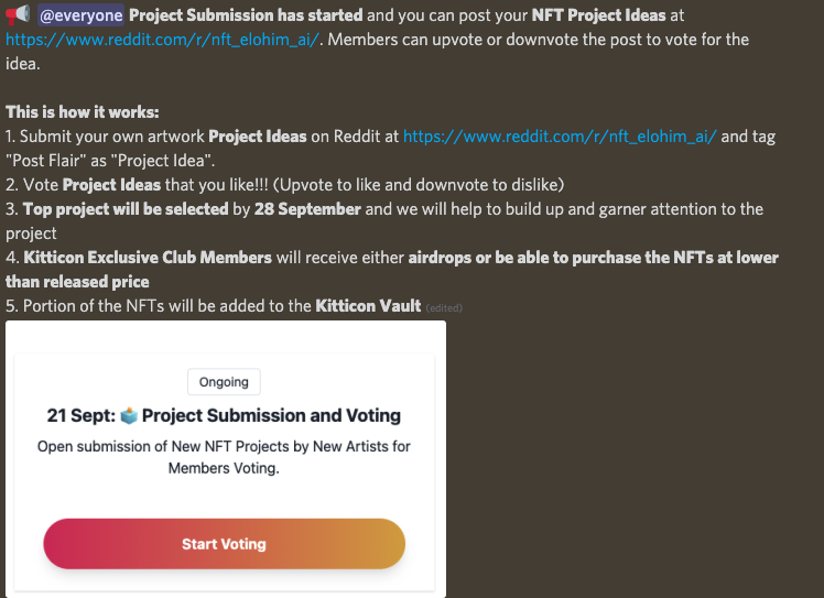 elohim_ai's tweet photo. 📢 Project Submission has started and you can post your NFT Project Ideas at https://t.co/Dp8kA8kIa6. 

Members can upvote or downvote the post to vote for the idea. 

#cryptoart #NFTCommunity #NFT #NFTs #OpenSeaNFT #nftcollector #NFTGiveaway #NFTartist https://t.co/1mZfv19Z7y