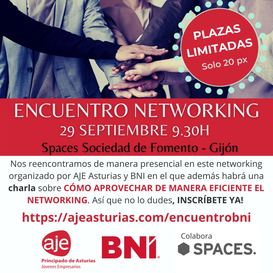 ajeasturias (@ajeasturias) on Twitter photo Inscríbete ya en nuestro encuentro de networking con <a href="/BNIAsturias/">BNIAsturias</a> del próximo 29 de septiembre. Con 𝗧𝗜𝗣𝗦 𝗣𝗔𝗥𝗔 𝗔𝗣𝗥𝗢𝗩𝗘𝗖𝗛𝗔𝗥 𝗗𝗘 𝗠𝗔𝗡𝗘𝗥𝗔 𝗘𝗙𝗜𝗖𝗜𝗘𝗡𝗧𝗘 𝗘𝗟 𝗡𝗘𝗧𝗪𝗢𝗥𝗞𝗜𝗡𝗚. Plazas limitadas!!
𝗜𝗡𝗦𝗖𝗥𝗜𝗣𝗖𝗜𝗢𝗡𝗘𝗦 en lnkd.in/dRWEMi-3 Inscríbete ya en nuestro encuentro de networking con <a href="/BNIAsturias/">BNIAsturias</a> del próximo 29 de septiembre. Con 𝗧𝗜𝗣𝗦 𝗣𝗔𝗥𝗔 𝗔𝗣𝗥𝗢𝗩𝗘𝗖𝗛𝗔𝗥 𝗗𝗘 𝗠𝗔𝗡𝗘𝗥𝗔 𝗘𝗙𝗜𝗖𝗜𝗘𝗡𝗧𝗘 𝗘𝗟 𝗡𝗘𝗧𝗪𝗢𝗥𝗞𝗜𝗡𝗚. Plazas limitadas!!
𝗜𝗡𝗦𝗖𝗥𝗜𝗣𝗖𝗜𝗢𝗡𝗘𝗦 en lnkd.in/dRWEMi-3