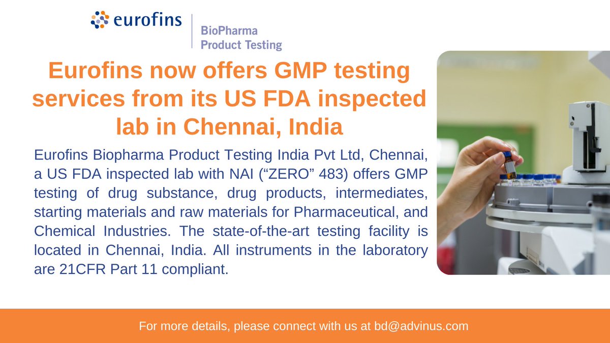 advinus's tweet image. Now you can get your GMP testing requirements done in India! Eurofins facility in Chennai, India is US FDA inspected and instruments are 21CFR part 11 compliant. For more details connect with us at bd@advinus.com
#GMPtesting #drugdevelopment #chemistry #Nitrosamine #Analytical