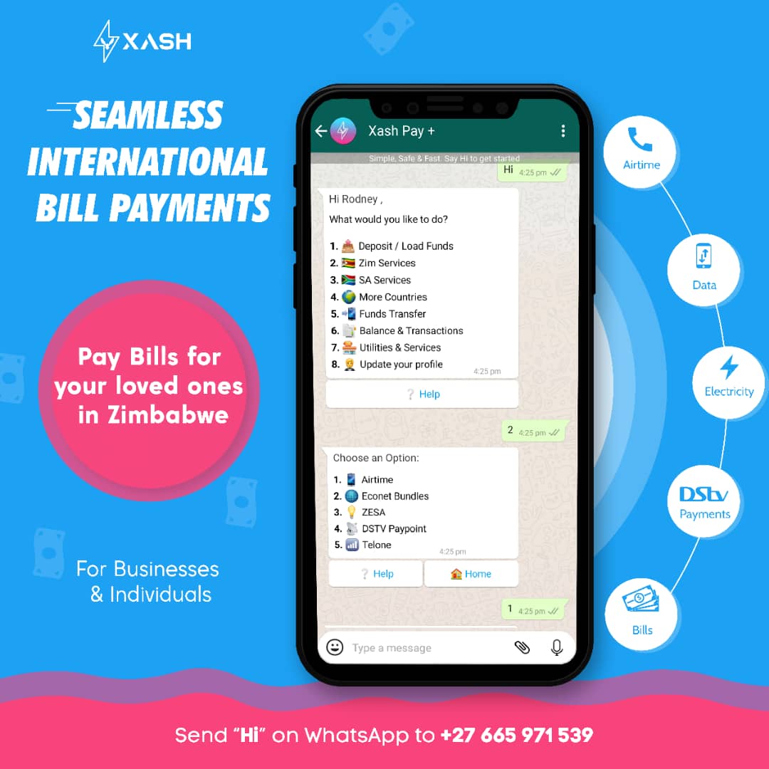 XashPay's tweet image. Did you know you could pay these bills for your loved ones back in Zimbabwe 🇿🇼? 

1. Airtime 📱
2. Data Bundles 📲
3. Electricity - Zesa💡
4. Pay DSTV 🛰 
5. Telone Wifi📶

Simply send Hi to +27655971539 on Whatsapp

#xashpay