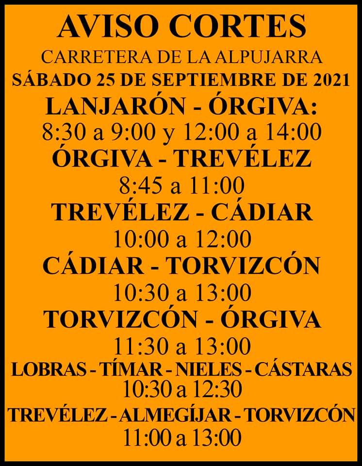 ⚠️IMPORTANTE⚠️

Horarios de cortes de carretera el sábado 25 de septiembre con motivo del V GF Alpujarra Magna.

<a href="/AyunLanjaron/">Ayuntamiento de Lanjarón</a>