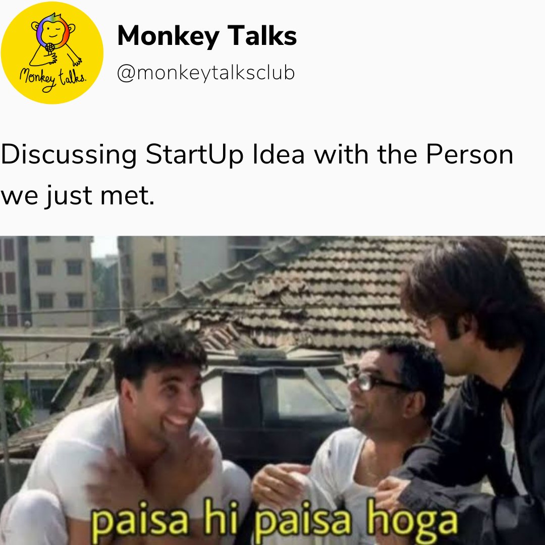 MonkeyTalksClub's tweet photo. We are sure @ShivAroor
@captriturathee
@ashutosh83B
@kunalb11 @warikoo @hnshah @neilpatel @ShekharGupta
@vijayshekhar @gauravmunjal
@riteshagar @KBByju will agree. 

Comment your thoughts/ startup ideas that you think will make "paisa hi paisa" 💰

#monkeytalks #money #startups https://t.co/LfTwxQ05jH