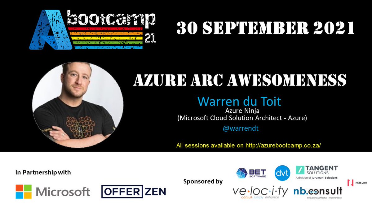 azurebootcampsa's tweet photo. Join @warrendt for "Azure Arc Awesomeness" at this year's #AzureBootcampSouthAfrica on the 30th of September @msdevsa @microsoftsa   https://t.co/S3PWcxrXzf https://t.co/awmFZvCiwo