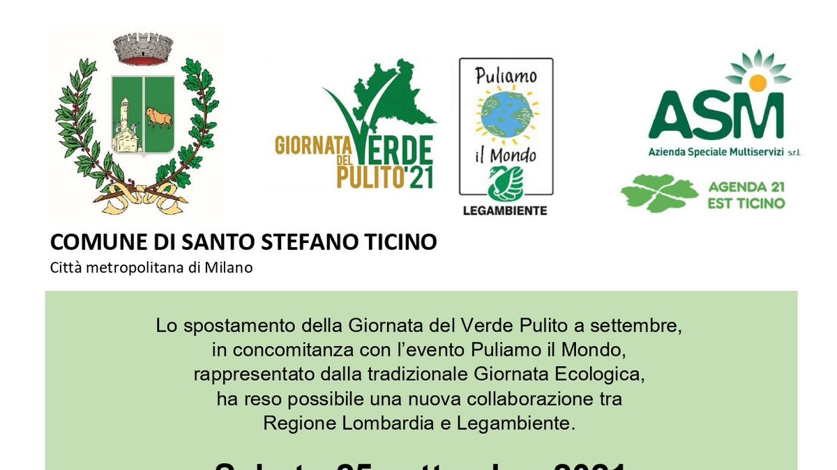 Torna la Giornata del Verde Pulito a Santo Stefano Ticino, ovvero la giornata di volontariato in cui i cittadini, scuole e associazioni si riuniscono per ripulire dai rifiuti le aree pubbliche. Partecipate Numerosi! #Giornatadelverdepulito #puliamoilmondo