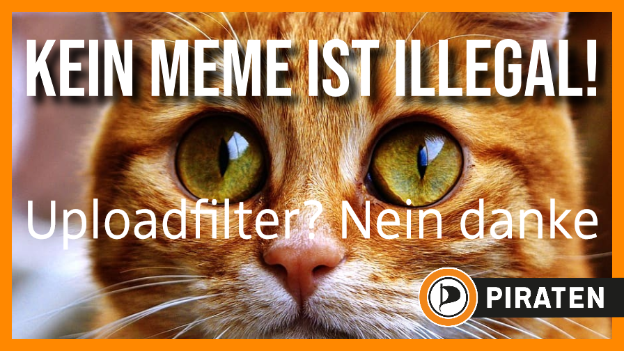 Hintergrundbild: Nahaufnahme einer rotgetigerten Katze, die mit großen, kugelrunden grünen Augen in die Kamera guckt (in Anlehnung an das Meme des Katers aus den Filmen "Shrek". Bildtext: Kein Meme ist illegal. Uploadfilter? Nein danke! Piraten.