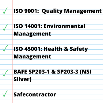Did you know Aspect Fire hold a number of accreditations?
We have Safecontractor, ISO 9001, 14001 &amp; 45001 but last year we also achieved BAFE SP203-1 (Fire Detection) and SP203-3 (Gas Suppression).
You can rest assured that we work to high standards and provide the best service.