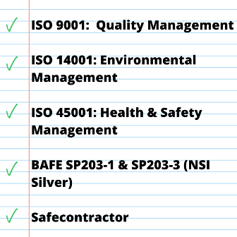 Did you know Aspect Fire hold a number of accreditations? We have Safecontractor, ISO 9001, 14001 & 45001 but last year we also achieved BAFE SP203-1 (Fire Detection) and SP203-3 (Gas Suppression). You can rest assured that we work to high standards and provide the best service.