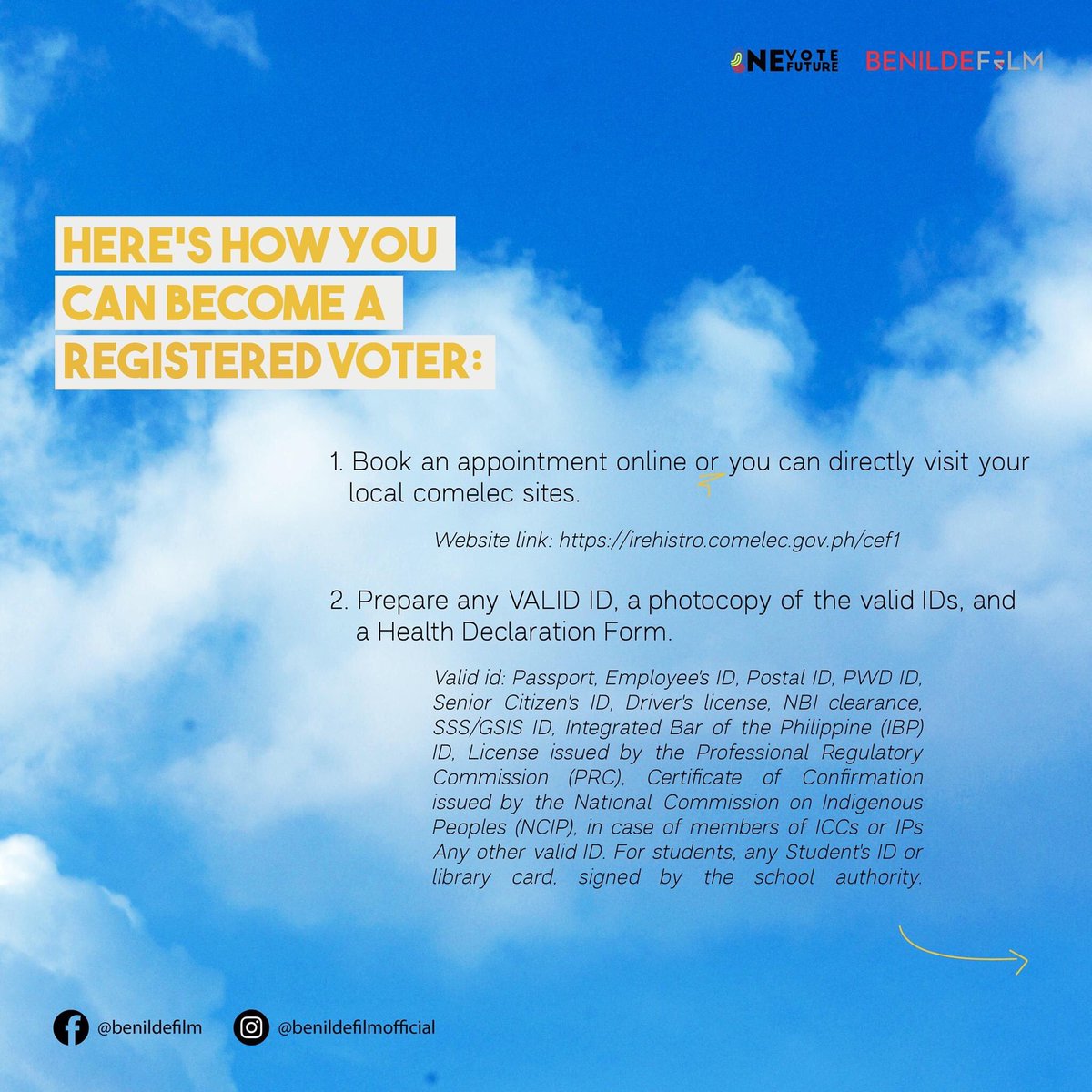 BenildeFilm's tweet image. Don’t let this decision slide from your hands because #WeRegisterAsOne for the betterment of our country 🤍

Participate in the registration for #Halalan2022, ending on September 30! Here are 7 easy ways from the COMELEC on how to be a registered voter. 📝

#OneVoteOneFuture
