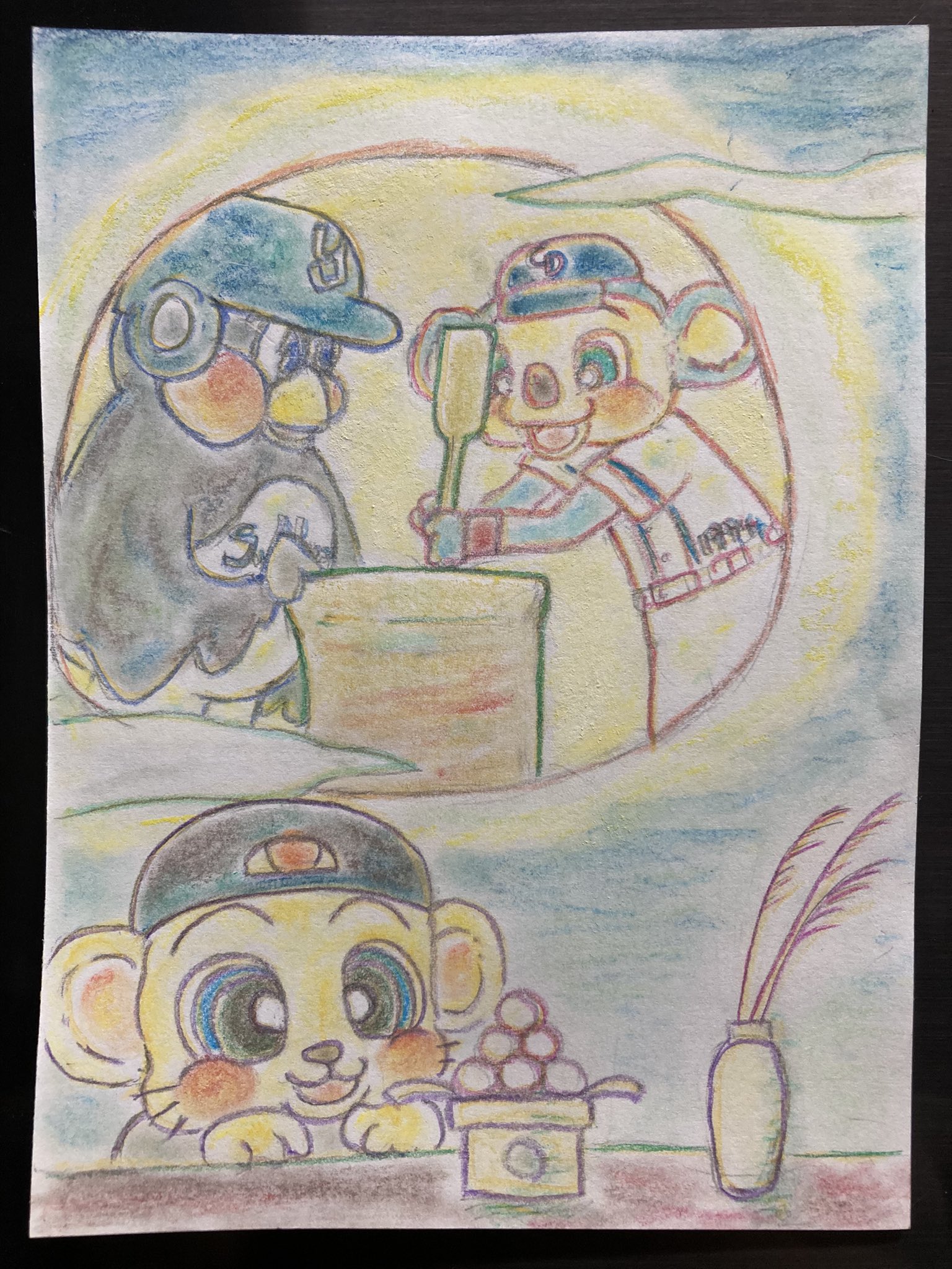 中さん ドアラとつば九郎とキー太 本日は 中秋の名月 ドアラとつば九郎が ペッタンコペッタンコと 餅を作っていたら面白いなぁ キー太はお月見より食べ物かな イラスト ドアラ つば九郎 キー太 可愛い 球団マスコット 中日ドラゴンズ