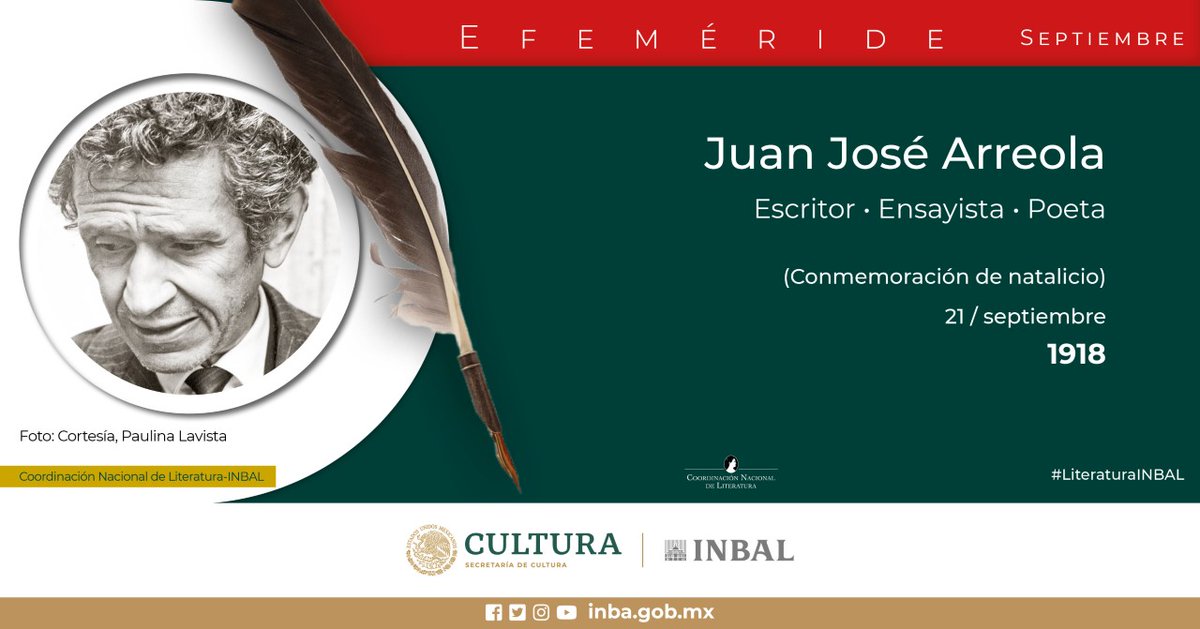 El <a href="/bellasartesinba/">Instituto Nacional de Bellas Artes y Literatura</a> y <a href="/literaturainba/">Literatura INBAL</a> conmemoran el 103 aniversario del natalicio del escritor Juan José Arreola.

Obtuvo el Premio Festival Dramático del INBA 1955 por “La hora de todos” y el Premio Xavier Villaurrutia de Escritores para Escritores 1963 por “La feria”.