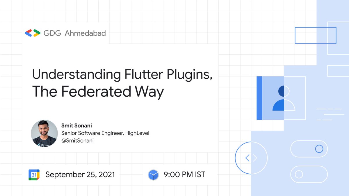 GDGAhmedabad's tweet image. [#GDGAhmedabad Event]

Our upcoming event is &quot;Understanding #Flutter Plugins, The Federated Way&quot;
🗓️ Sep 25, 2021 
🕘 9:00 PM IST 
🎉 Presenting @smitsonani  

🎫 Book your seat on gdg.community.dev/e/mb562v/

@googledevgroups @GDGIndia @FlutterDev