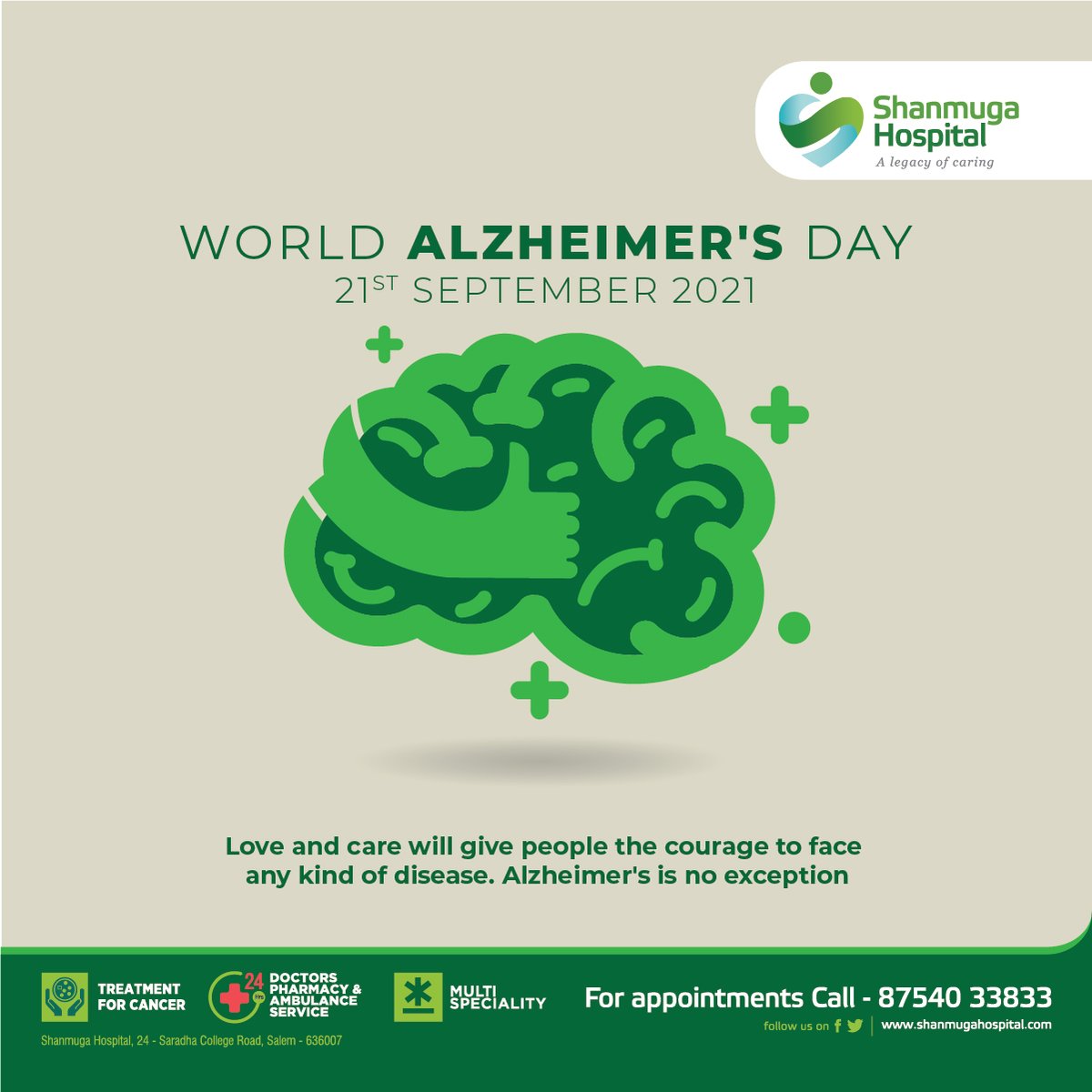 World Alzheimer's Day

#alzheimer #caregiver #alzheimers #dementia #support #shanmugahospitalsalem #shanmugahospital #multispecialityhospital #salemcancerinstitute #salemtamilnadu #salemhospital