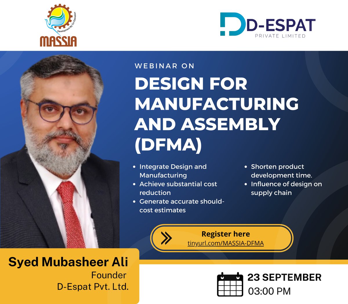 MASSIA IFC (@massiaifc) on Twitter photo <a href="/Massiaifc/">MASSIA IFC</a> and D-ESPAT Pvt Ltd,Chennai are organizing a webinar on “Design For Manufacturing and Assembly” on Thursday 23 September 2021, 03:00 pm.
Please join us to explore the endless possibilities of DFMA software.
To register: tinyurl.com/MASSIA-DFMA
#DFMA #industrynews <a href="/Massiaifc/">MASSIA IFC</a> and D-ESPAT Pvt Ltd,Chennai are organizing a webinar on “Design For Manufacturing and Assembly” on Thursday 23 September 2021, 03:00 pm.
Please join us to explore the endless possibilities of DFMA software.
To register: tinyurl.com/MASSIA-DFMA
#DFMA #industrynews