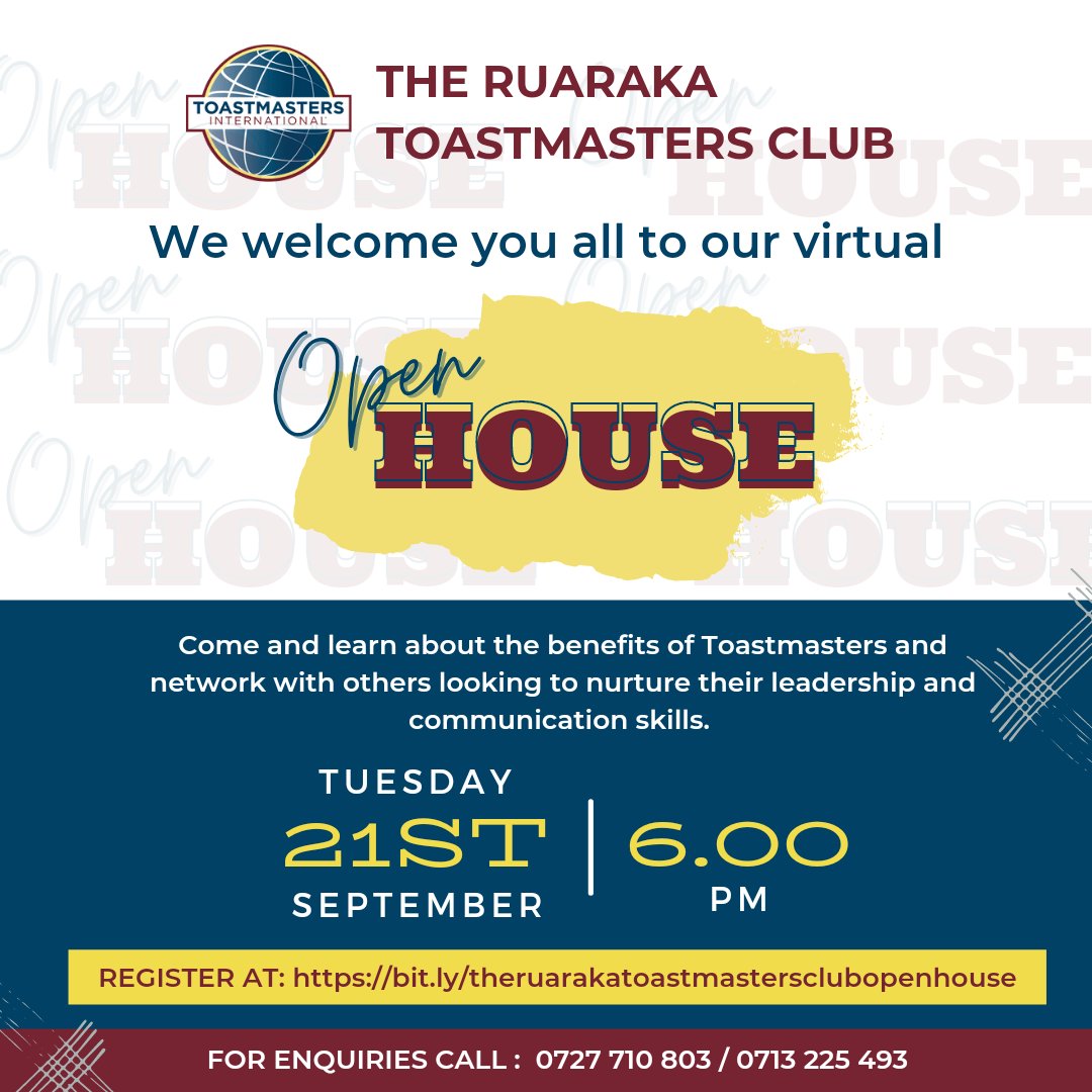 It's today! Our open house meeting is open to all. Come and learn all about Toastmasters as you interact and have fun with seasoned Toastmasters. 
6pm EAT. Register: bit.ly/theruarakatoas…
#Toastmasters #OpenHouse