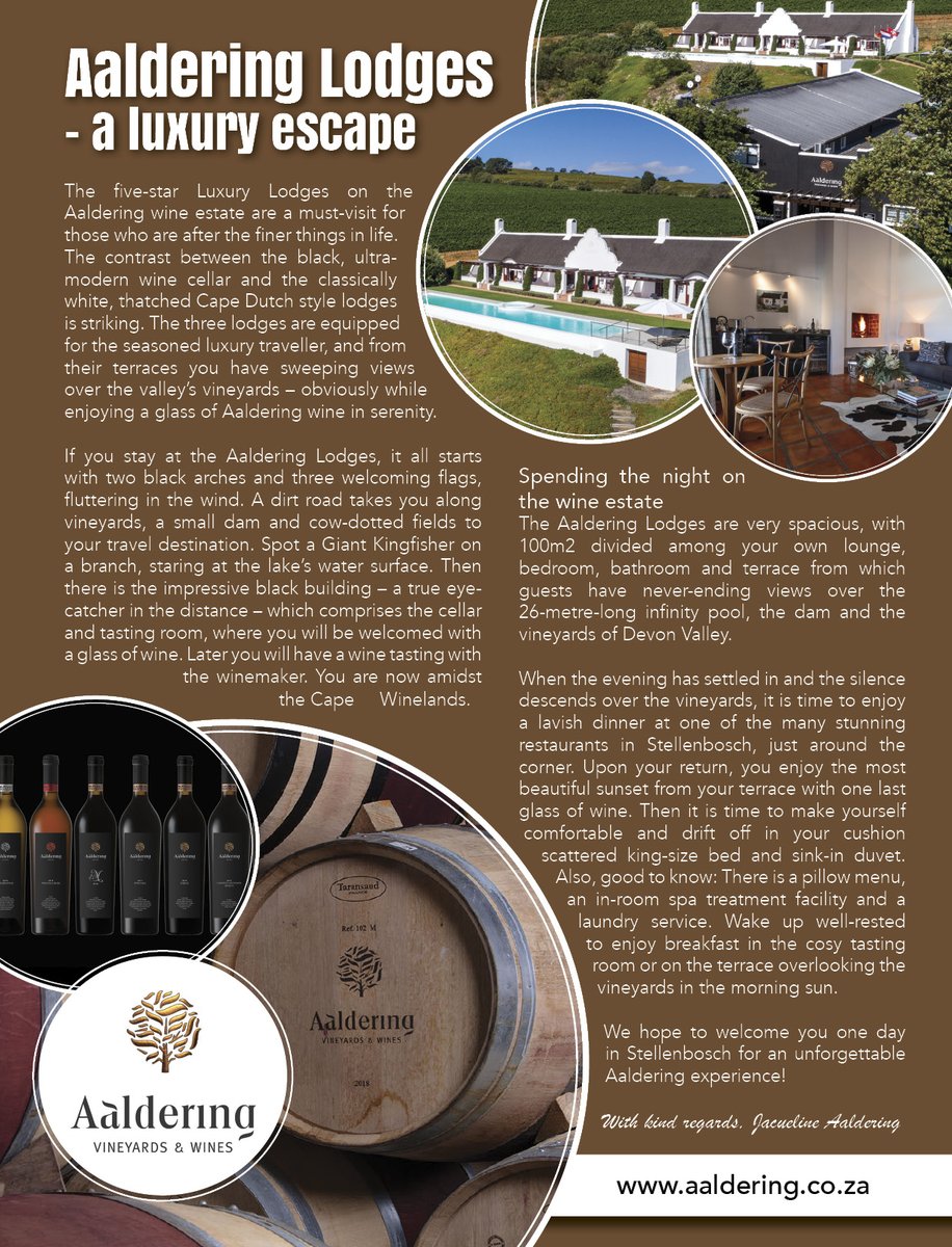The five-star Luxury Lodges on the Aaldering wine estate are a must-visit for those who are after the finer things in life.

<a href="/AalderingWines/">AalderingWines</a> #LuxuryEscape #Discover #Explore #Experience