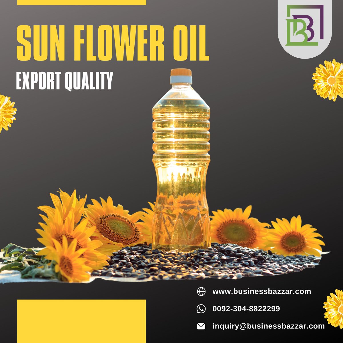 BazzarBusiness's tweet photo. Business Bazzar / Import &amp; Export is started to offer the best quality of #sunfloweroil

Book your Orders at Low Prices from Market.

Sign Up: https://t.co/kz3h67yV4C

#sunfloweroilexporters #sunfloweroilimporters #sunfloweroilsuppliers #sunfloweroilwholesaler #buyers #exporter https://t.co/OPiaC7Cqq0