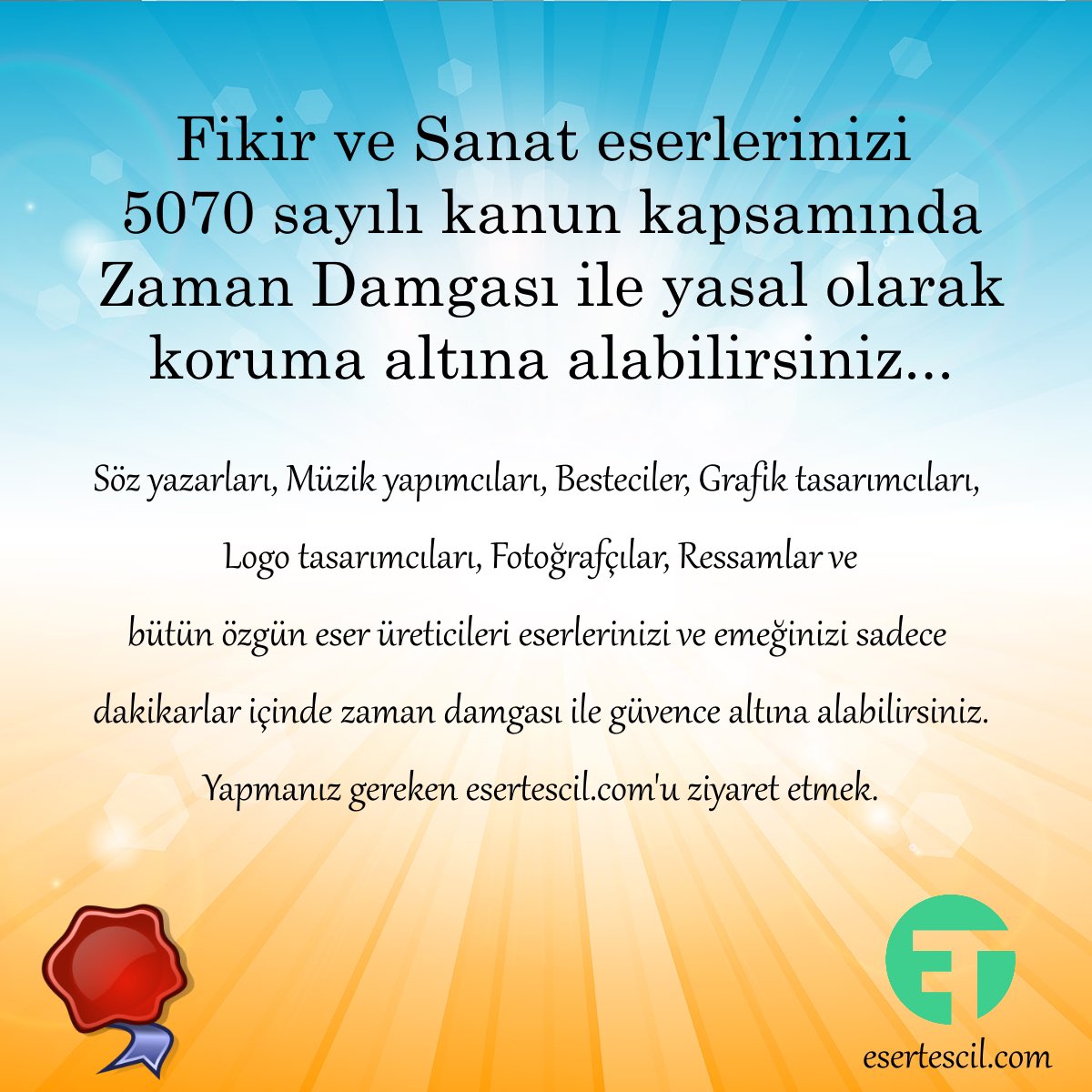 Artık notere gitmeden eserlerinizi sahiplenmek çok kolay.
#esertescil #eserinikoru #kampanya #zamandamgası #sertifika #logo #logotasarim #yazar #ressam #eserinesahipçık #tasarım #sözyazarı #müzikyapım #campaign #discount #registrary #design #author #composer #artist #timestamp