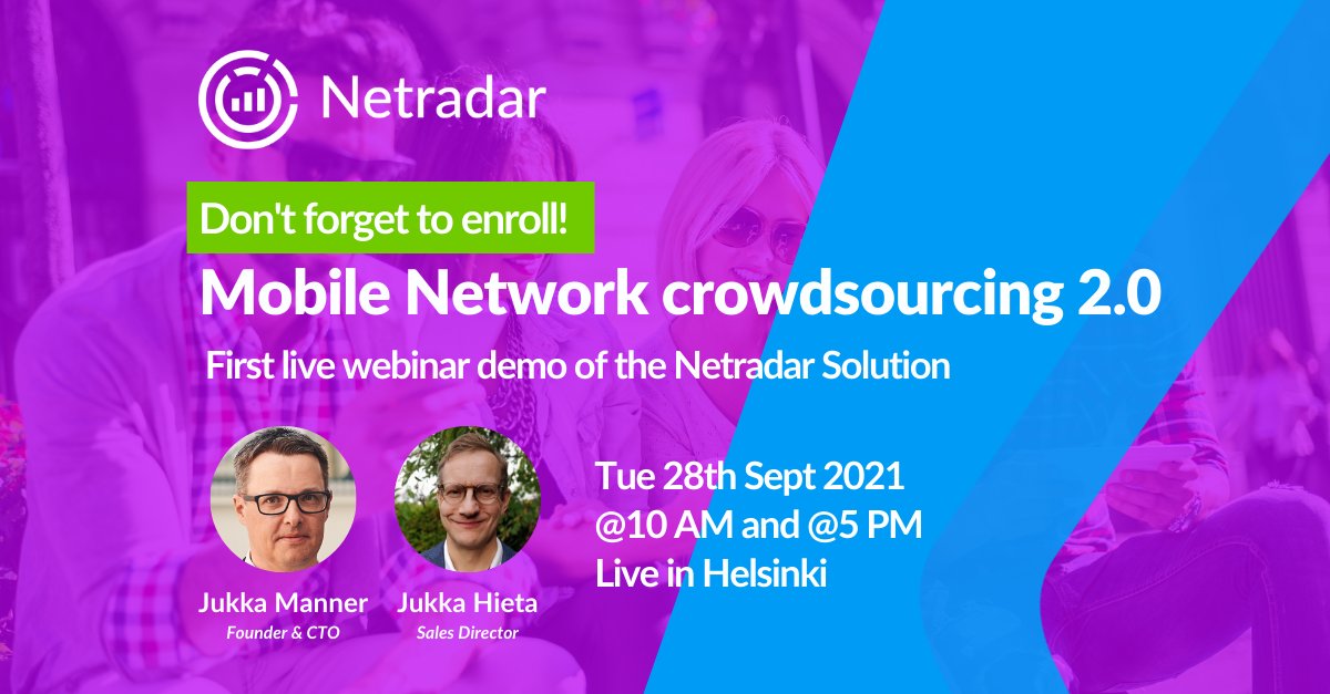 Don't forget to enroll to #Netradar LIVE DEMO on Mobile Network Crowdsourcing 2.0 

Register free:
bit.ly/Webinar_Netrad… 

#technolgy #webinar #b2bsolutions #mobile #networkmonitoring #telecommunications #Telco #telcomsector #5G #networkspeed #latency