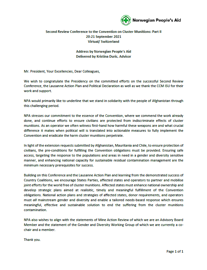 NPAdisarm's tweet image. As an operator we are witness to how harmful cluster munitions are &amp;amp; what crucial difference it makes when political will is translated into actionable measures to fully implement the @ISUCCM

Read @duric_kristina&apos;s full statement on behalf of NPA at the #CCM2RevCon