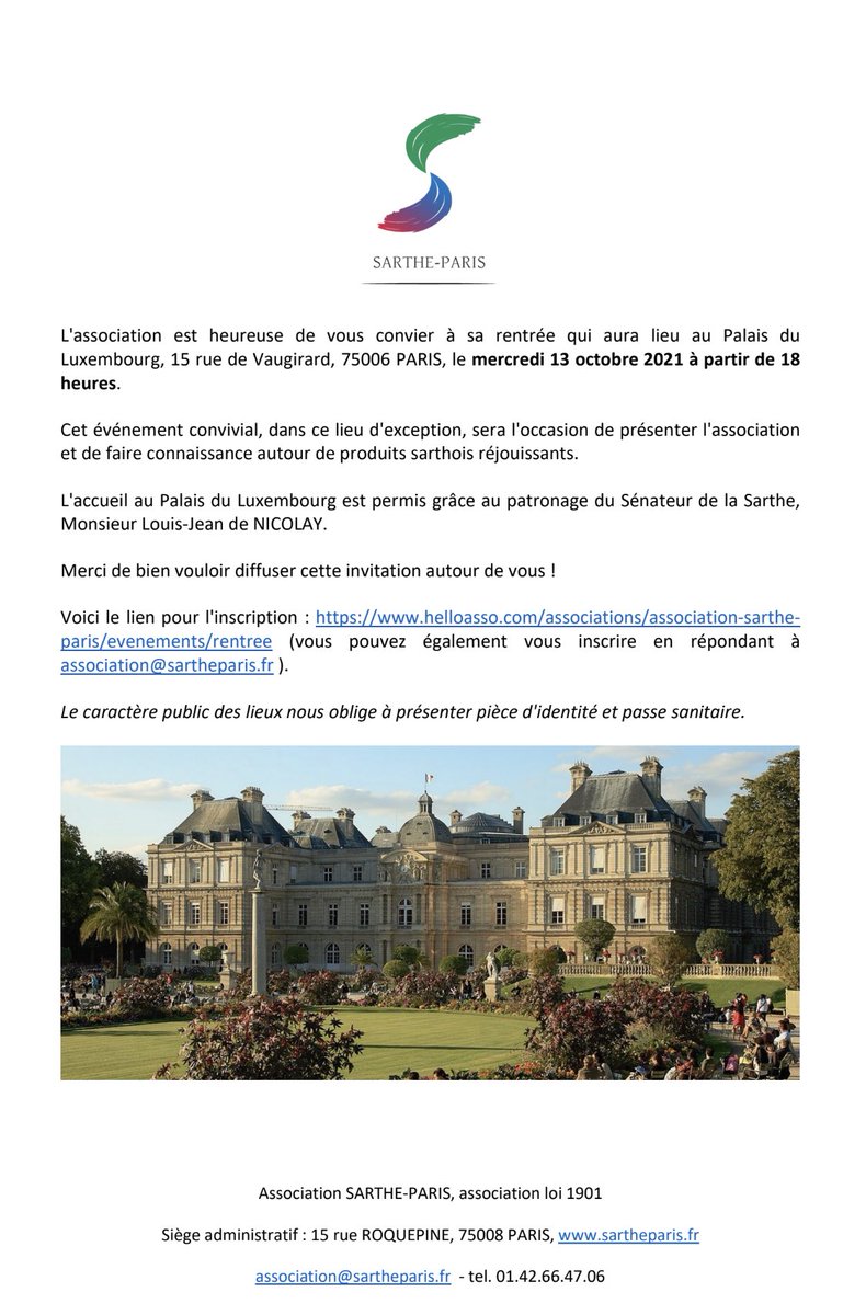 Rentrée de Sarthe-Paris au Palais du Luxembourg le 13 octobre 2021 à partir de 18 heures ! Venez nombreux