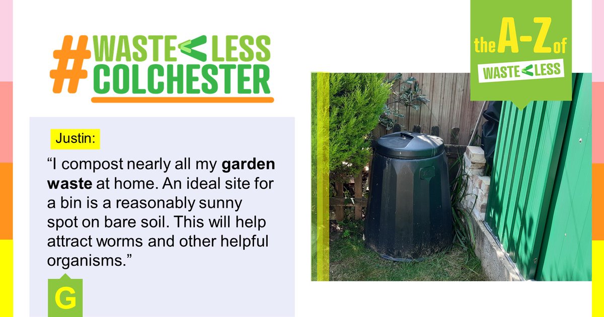 yourcolchester's tweet photo. A-Z of #WasteLessColchester ♻️ G for Garden Waste.

“I compost nearly all my garden waste at home. An ideal site for a bin is a reasonably sunny spot on bare soil. This will help attract worms &amp; other helpful organisms.” 

Get started with composting here: https://t.co/1K0V1J9vdg https://t.co/7sxmm5BfzW
