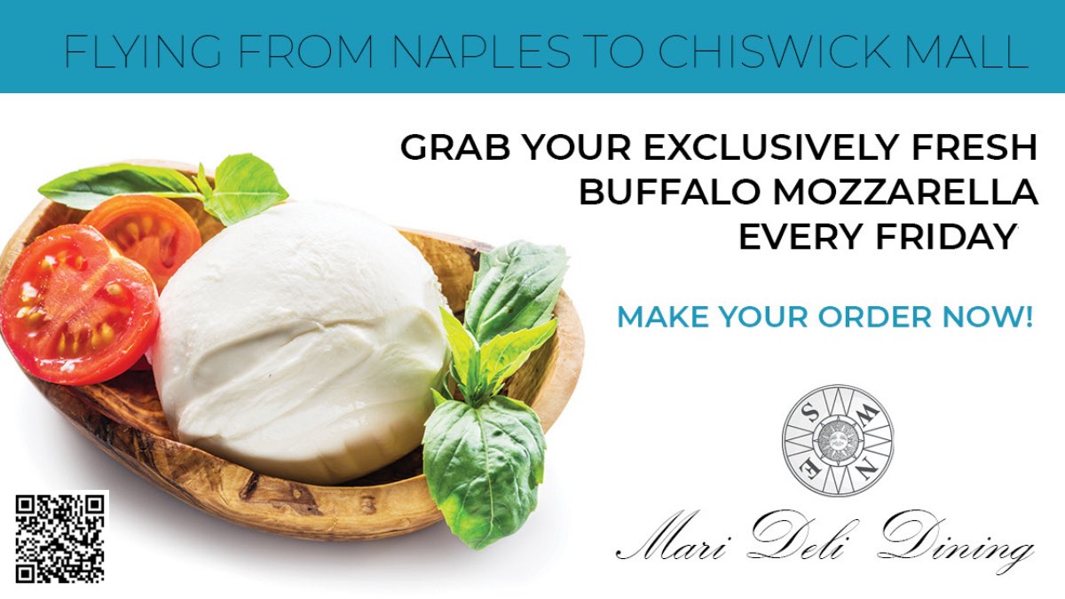 MariDeliDining's tweet photo. Flying ✈️ From Naples to Chiswick Mall exclusively Fresh Buffalo Mozzarella will be available every Friday in our Deli in Chiswick! 
Scan the QRcode below to make your Buffalo Mozzarella Order Now and collect it in our Deli in Chiswick. Launch Promo 🚀#mozzarella https://t.co/kJcojEJOX7