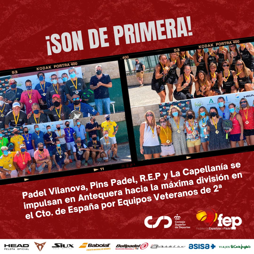 padelfederacion's tweet photo. 📢¡Son de 1ª!
🟥El Cto de España por Equipos Veteranos de 2ª en #Antequera catapulta a cuatro conjuntos hacia la máxima división.
🟨Más de 250 deportistas participaron en una cita bajo la organización de la @faponline.
📝Info: https://t.co/yybTwJ3boB
#FEP #CEEVet2 #padel https://t.co/iVh7CS39g2