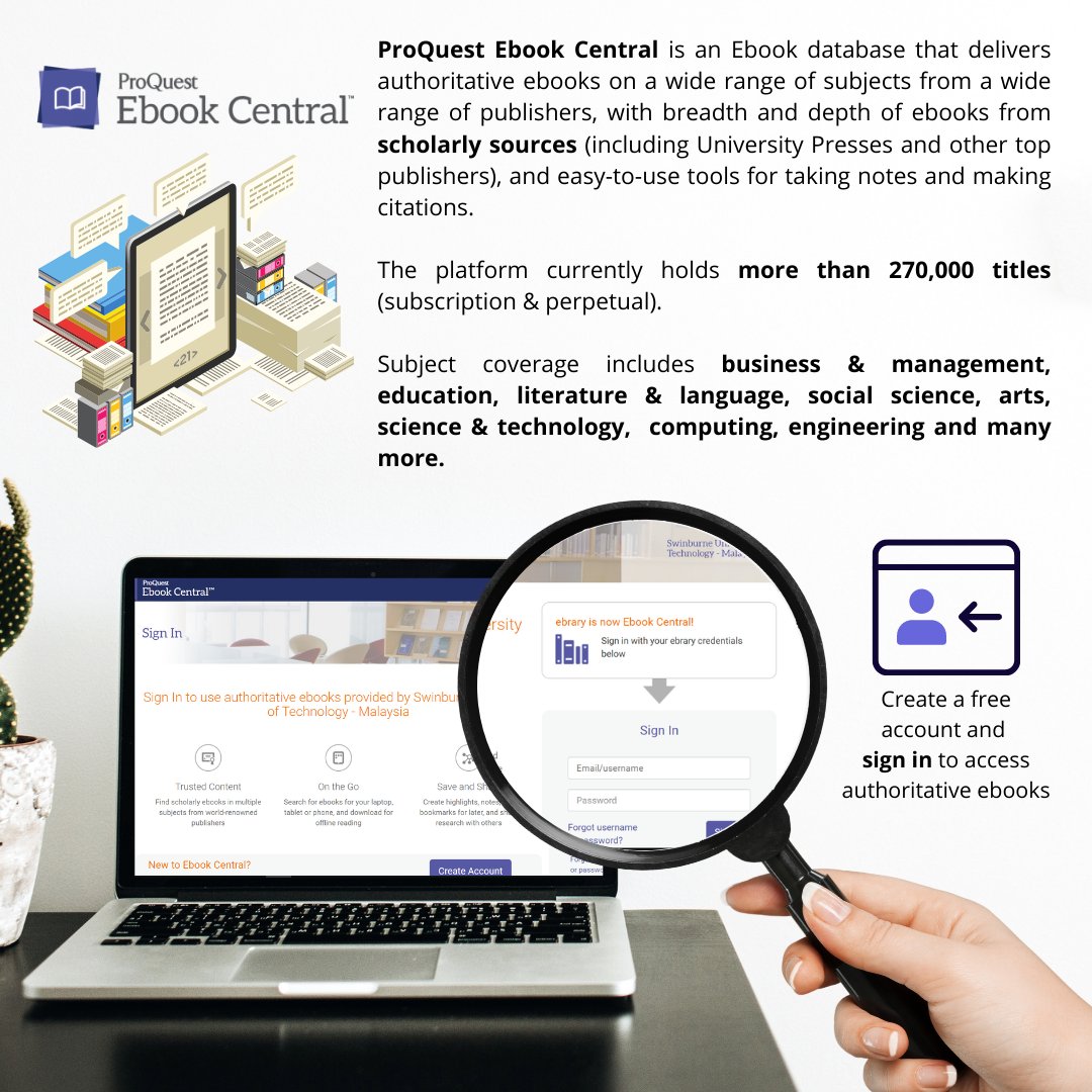 swinsarawaklib's tweet image. ProQuest Ebook Central delivers authoritative ebooks on a wide range of subjects from a wide range of publishers with easy-to-use tools for taking notes and making citations.
#ProQuesteBookCentral #ebooks #librarydatabase 
#swinburnesarawaklibrary 
#libraryapp #swinburnesarawak