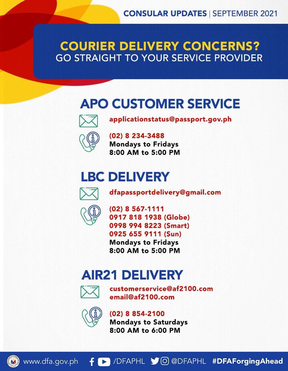 DFAPHL's tweet photo. #ConsularUpdate: For those who have availed themselves of courier service for passport delivery, please refer to this infographic and get in touch with your chosen courier service provider for updates. https://t.co/yBKcQHVg3x