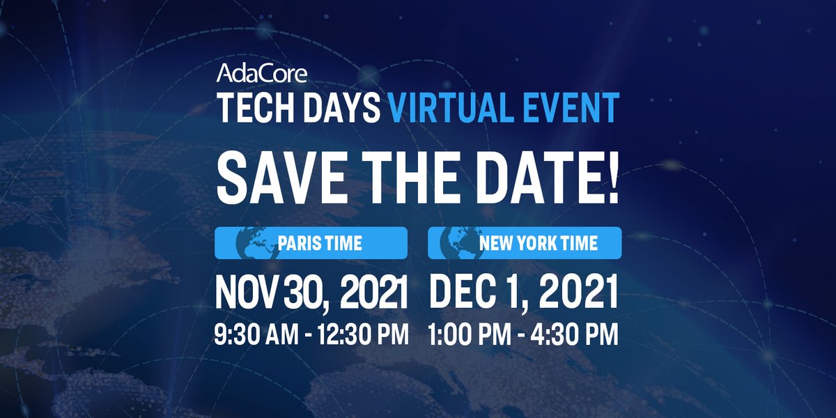 AdaCoreCompany's tweet image. 📣 Save the date! The #AdaCoreTechDays will return in 2021 as a virtual event:
EU - Nov 30th 9:30am-12:30pm (Paris)
US - Dec 1st: 1:00pm-4:30pm (NYC)
More information about registration and the final program will be coming soon. Stay tuned!