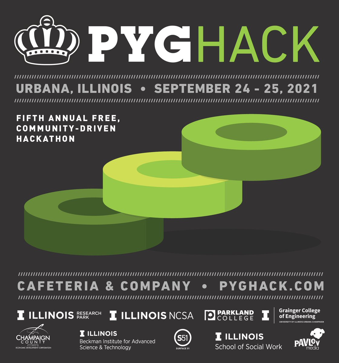 Our fifth annual hackathon takes place over 24 hours starting on Friday at Cafeteria &amp; Co. in Downtown Urbana. Register to participate in this free event at PYGHACK.com 💻