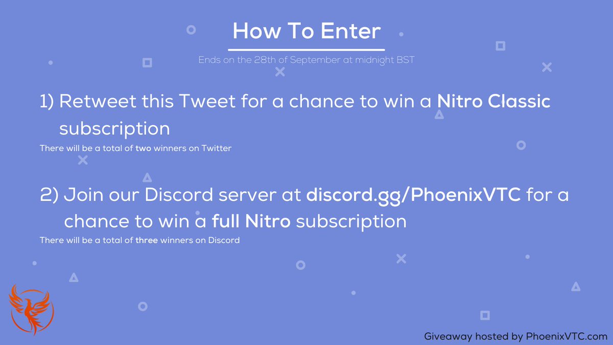 PhoenixVTC's tweet image. Did someone say free Discord Nitro? That's right! We're giving away five Nitro subscriptions to celebrate 500 Discord members.

We are giving away three Nitro subscriptions at discord.gg/PhoenixVTC

And on Twitter, simply retweet this Tweet for a chance to win Nitro Classic!