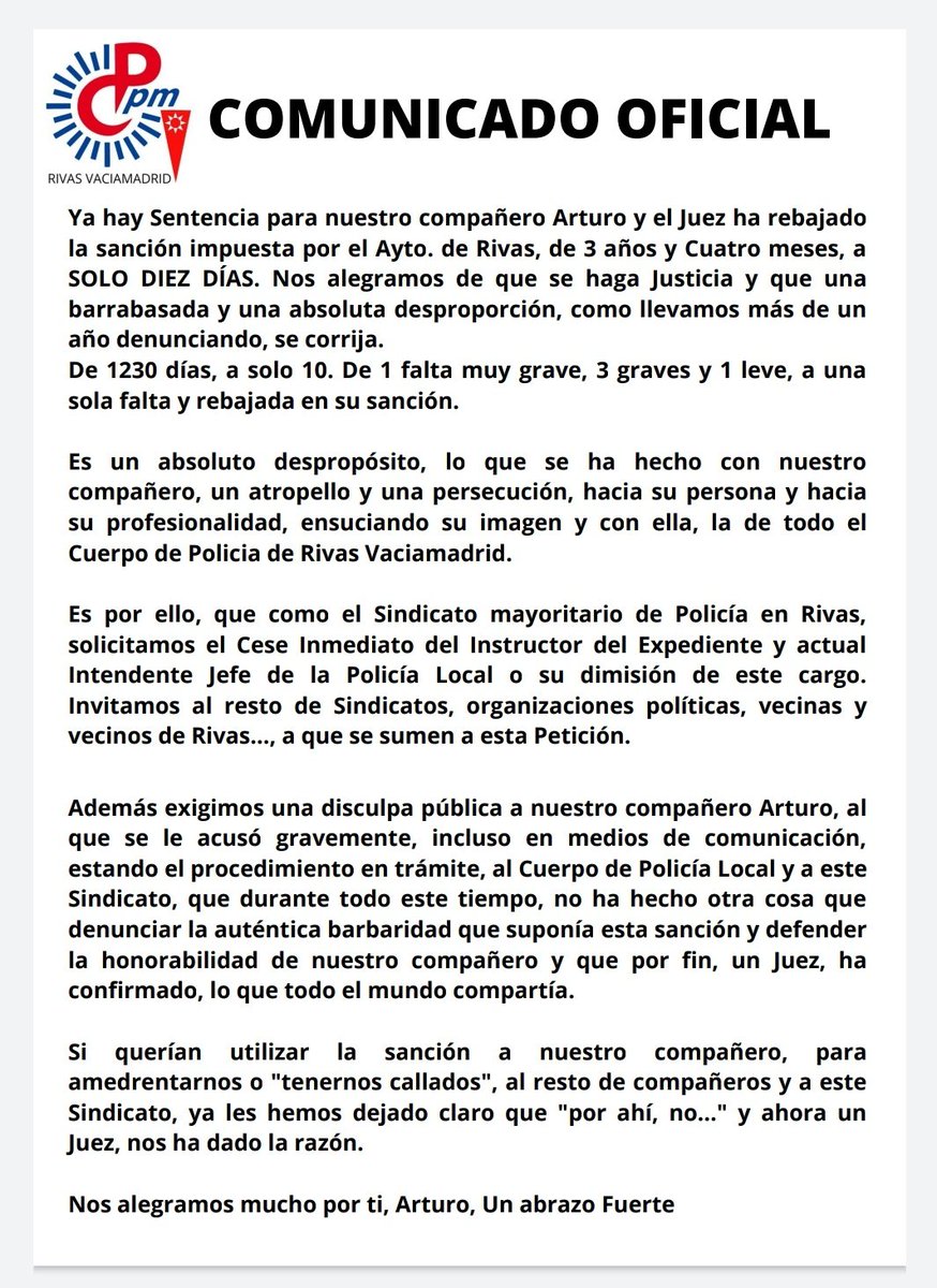 CPPM RIVAS VACIAMADRID (@rivascppm) on Twitter photo Ante tales hechos y estando la situación actual de la Policía Local de Rivas Vaciamadrid, como está, nos vemos en la obligación, de pedir el cese inmediato o la dimisión del actual Intendente Jefe de <a href="/policiaderivas/">Policía Local de Rivas Vaciamadrid</a> e invitamos a todos los actores implicados a sumarse Ante tales hechos y estando la situación actual de la Policía Local de Rivas Vaciamadrid, como está, nos vemos en la obligación, de pedir el cese inmediato o la dimisión del actual Intendente Jefe de <a href="/policiaderivas/">Policía Local de Rivas Vaciamadrid</a> e invitamos a todos los actores implicados a sumarse