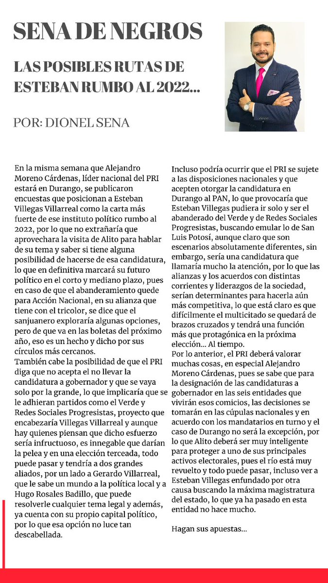 dionelsena's tweet photo. Les comparto la #SenadeNegros hoy en el @OraleQChiquito sobre las rutas que tendría ante si @EVillegasV para buscar amarrar su candidatura... Ccp @HugoRosalesB @gerardo_vs @chuycabrales @AlyGamboa @SugheyTorresR @alitomorenoc @lulymtze @CDE_PRI_Durango @HomeroMartinezC #Durango https://t.co/exVyblaKIV
