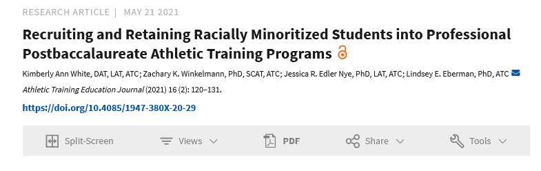 New publication by @KimWhite_ATC <a href="/zachwinkelmann/">Zachary Winkelmann</a> <a href="/jessedlernye/">Jess Edler Nye</a> and <a href="/isuathltraining/">Indiana State DAT</a> on recruiting and retaining racially minoritized students in professional post-baccalaureate AT programs.
Check it out here: bit.ly/3Atg3fH