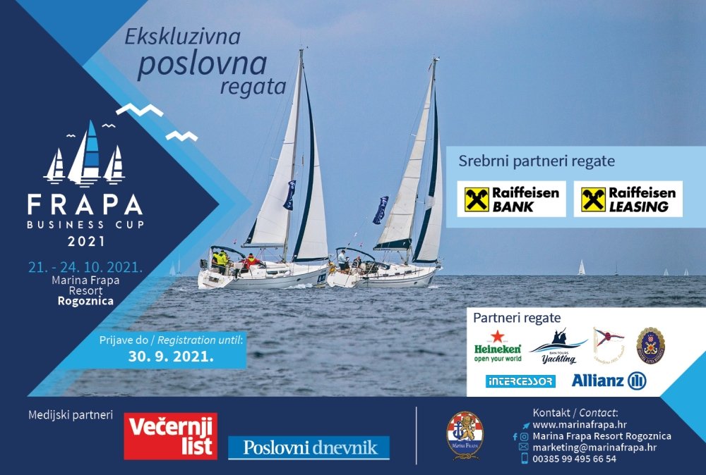 [FRAPA BUSINESS CUP 2021]
We are pleased to invite you to participate in the largest business regatta in Croatia-Frapa Business Cup 2021, 21.-24.10. The host and organizer of the regatta is Marina Frapa Resort Rogoznica. Registration until: 30.09.2021. Book your place on time!