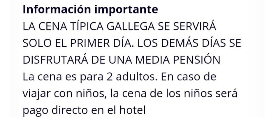 o_cede's tweet photo. Pues resulta que según ésto, para los de @weekendesk_es , la primera noche noche es una cena típica gallega y a partir de ahí no se sabe nada de la Media Pensión.........
Si no se ofrece Media Pensión, es publicidad engañosa señores.....
#weekendesk https://t.co/1vOVWQRP6d