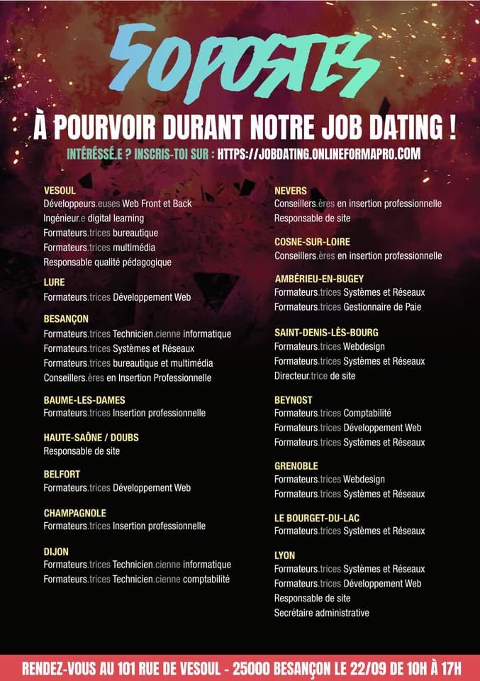 onlineformapro's tweet image. Onlineformapro recrute 5️⃣0️⃣ profils en CDI dans les métiers de la formation et du digital
Ça se passe le 22 Septembre à Besançon !!!

On attend ton inscription sur :
jobdating.onlineformapro.com

#emploi #jobdating #formation #digital #pedagogie #innovation