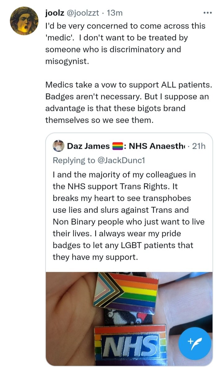RohanTheMajesty's tweet image. This just in. Wearing a rainbow flag is proof you are a discriminatory bigot, and would totally refuse to treat someone.

Homophobia aside... What's the saying? When you're accustomed to privilege, equality feels like oppression.